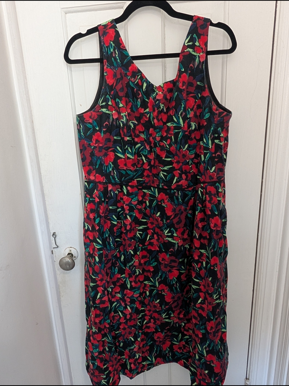 Lands' End Black Midi Dress with Red Floral Print and Green Leaves